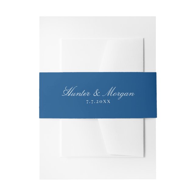 Elegant Navy Blue Script Names Wedding Invitation Belly Band (Front Example)