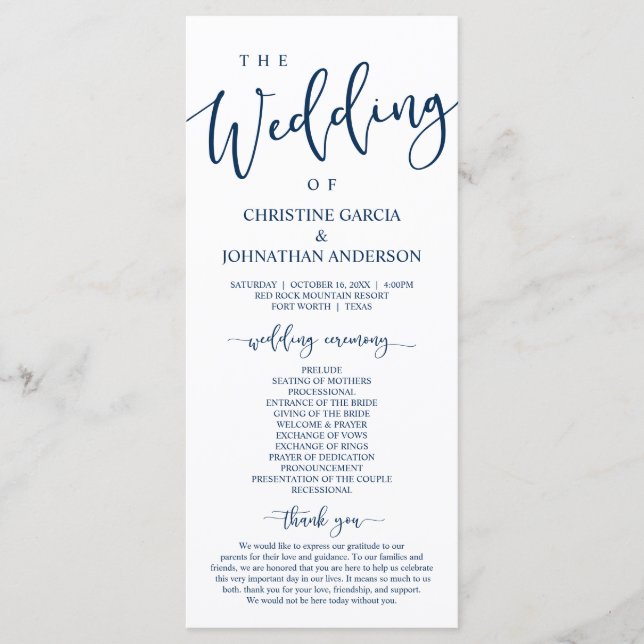 Elegant Navy Blue Script, Our Wedding Ceremony Program (Front)