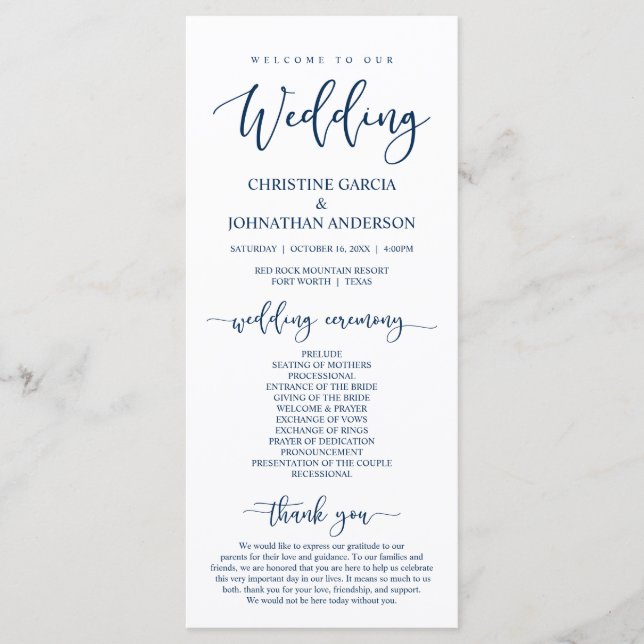Elegant Navy Blue Script, Our Wedding Ceremony Program (Front)