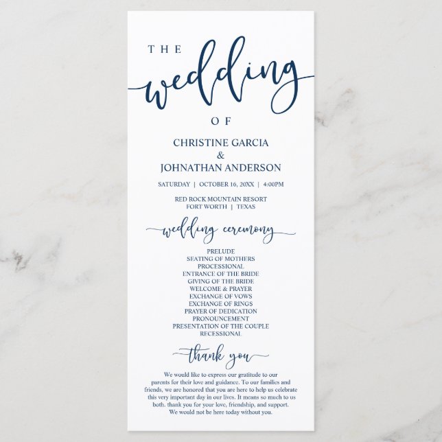 Elegant Navy Blue Script, Our Wedding Ceremony Program (Front)