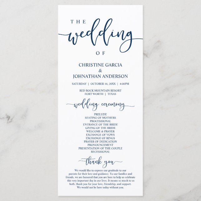 Elegant Navy Blue Script, Our Wedding Ceremony Program (Front)