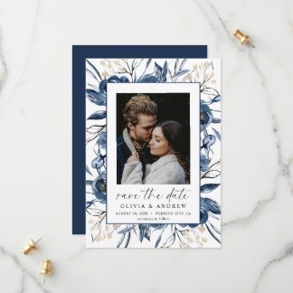 Elegant Navy Blue Script Photo Floral Wedding Save The Date