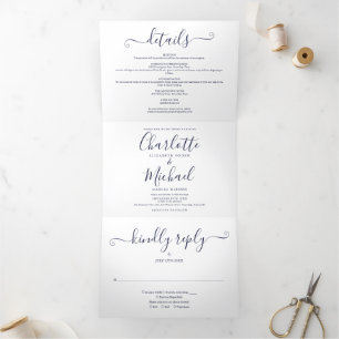 Elegant Navy Blue Script Photo Wedding Tri-Fold Invitation