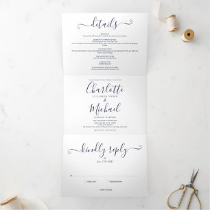 Elegant Navy Blue Script Photo Wedding  Tri-Fold Invitation