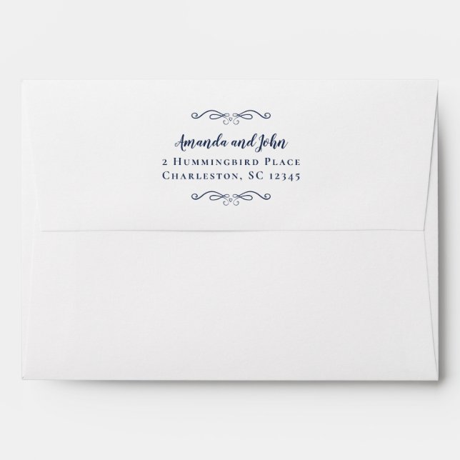 Elegant Navy Blue Script Return Address Wedding Envelope (Back (Top Flap))