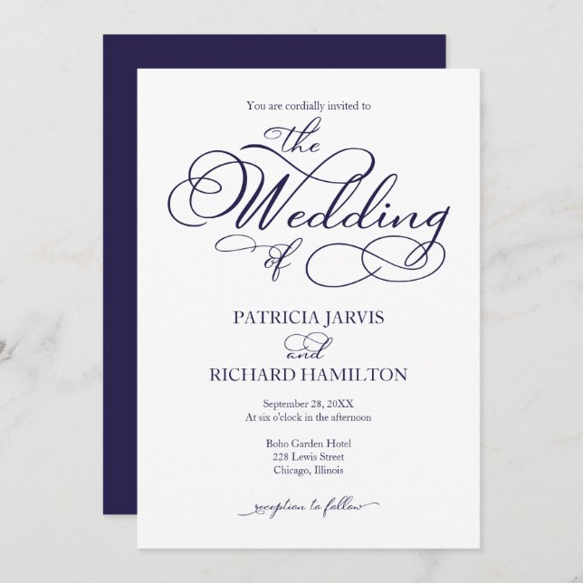 Elegant Navy Blue Script Wedding Invitation (Front/Back)