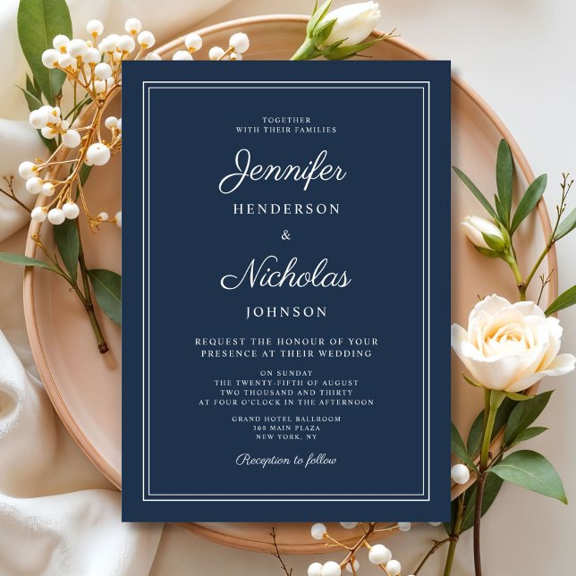 Elegant Navy Blue Script Wedding Invitation (Elegant Navy Blue Script Wedding Invitation)