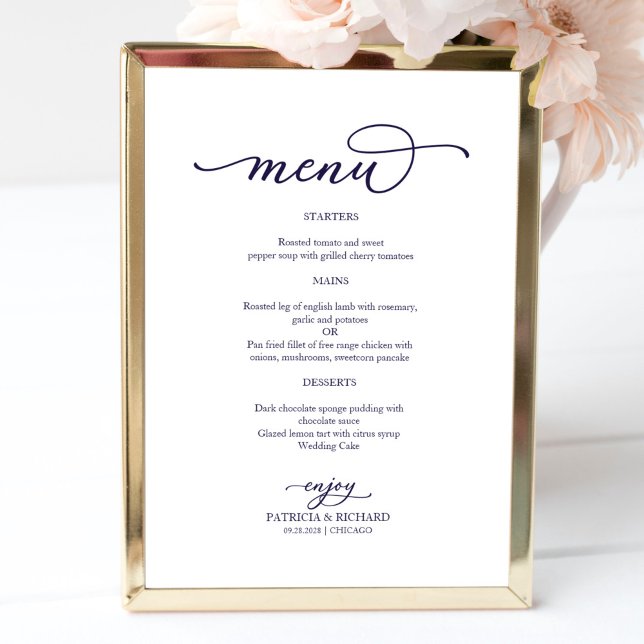 Elegant Navy Blue Script Wedding Menu Sign (Creator Uploaded)