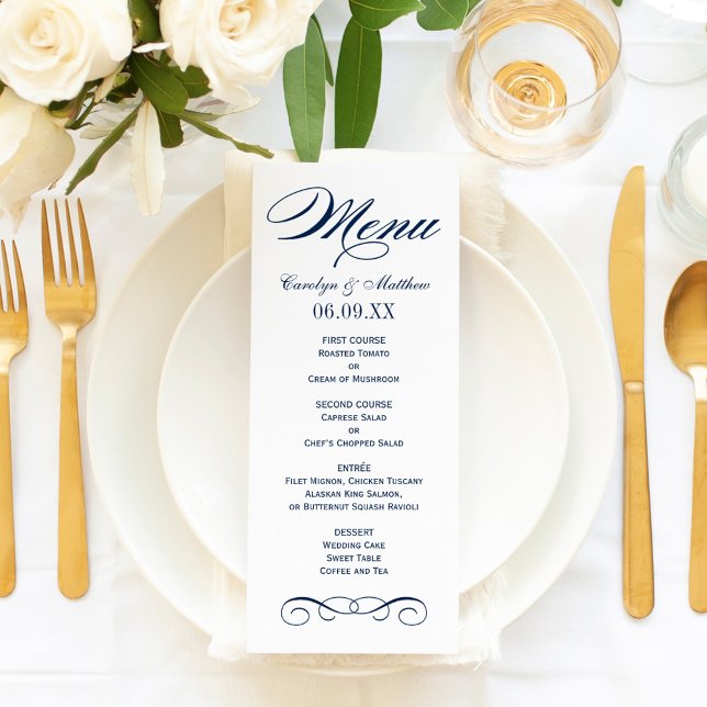Elegant Navy Blue Scroll Wedding Monogram Menu (Creator Uploaded)