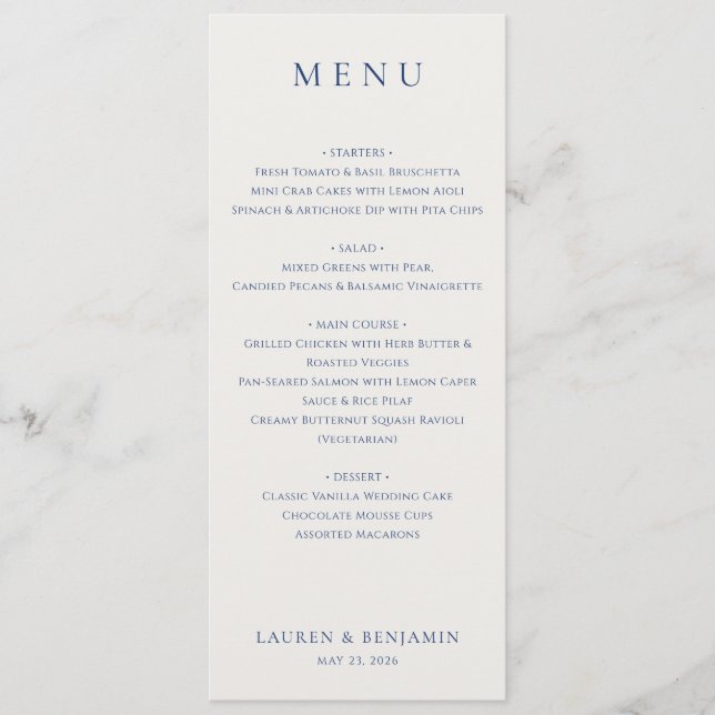 Elegant Navy Blue Serif Wedding Menu (Front)