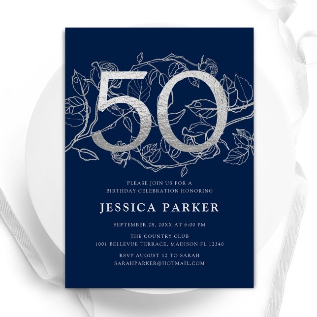 Elegant Navy Blue Silver 50th Birthday Invitation (Creator Uploaded)