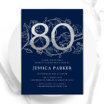 Elegant Navy Blue Silver 80th Birthday Invitation<br><div class="desc">Elegant navy blue silver 80th birthday party invitation. Customisable modern feminine design featuring roses botanical accents and faux glitter silver. Simple floral invite card perfect for a stylish female bday celebration. Personalise with your own details. Printed Zazzle invitations or instant download digital printable template.</div>