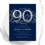 Elegant Navy Blue Silver 90th Birthday Invitation<br><div class="desc">Elegant navy blue silver 90th birthday party invitation. Customisable modern feminine design featuring roses botanical accents and faux glitter silver. Simple floral invite card perfect for a stylish female bday celebration. Personalise with your own details. Printed Zazzle invitations or instant download digital printable template.</div>