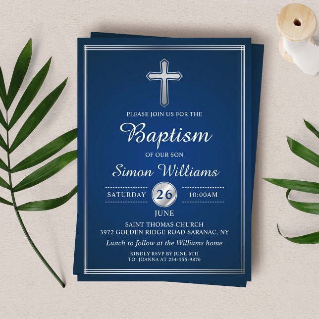 Elegant Navy Blue Silver Boy Baptism Invitation (Creator Uploaded)