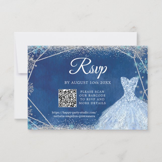 Elegant Navy Blue Silver Christmas Quinceañera QR RSVP Card (Front)