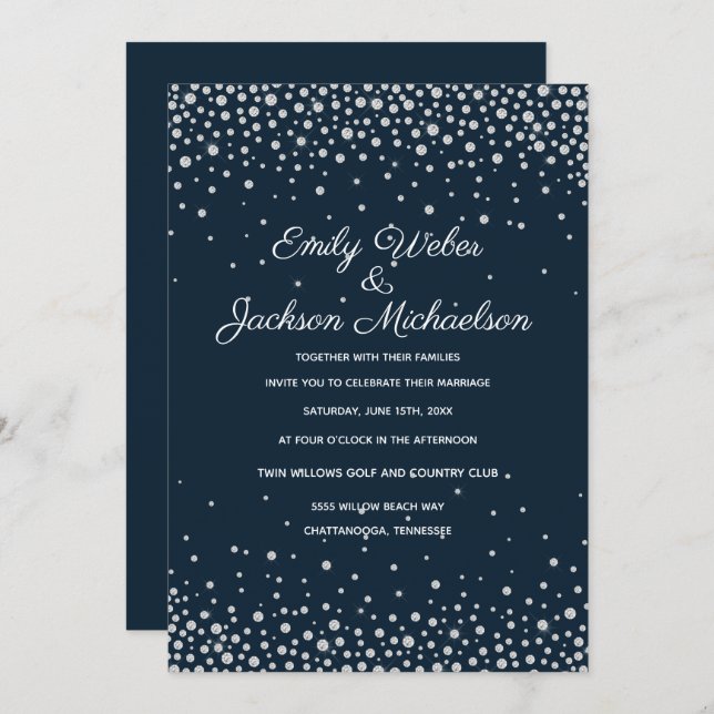Elegant Navy Blue Silver Diamond Confetti Wedding Invitation (Front/Back)