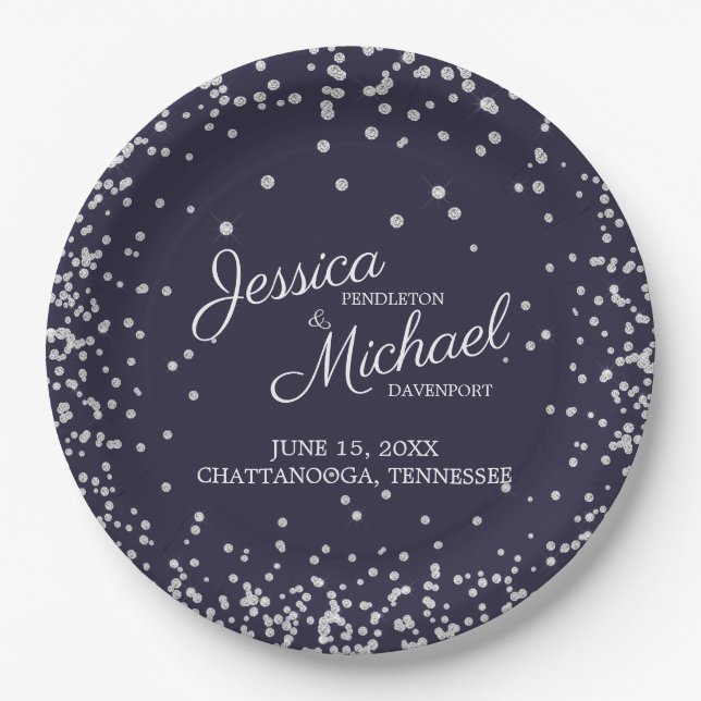 Elegant Navy Blue Silver Diamond Glitter Wedding Paper Plate (Front)