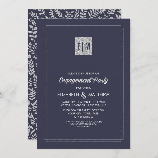 Elegant Navy Blue | Silver Engagement Party  Invitation (Front/Back)
