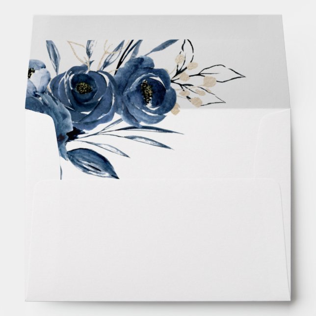 Elegant Navy Blue & Silver Floral Boho Wedding Envelope (Back (Bottom))