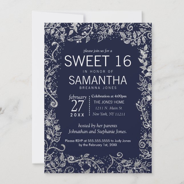 Elegant Navy Blue Silver Floral Glitter Sweet 16 Invitation (Front)