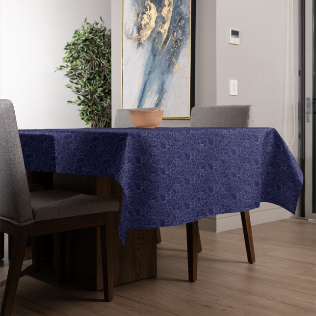 Elegant Navy Blue Silver Floral Pattern Tablecloth (Creator Uploaded)