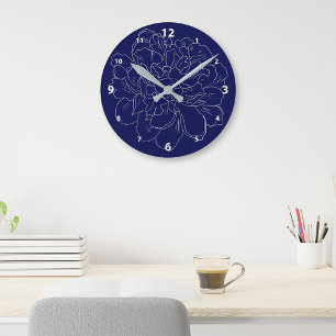 Elegant Navy Blue Silver Floral Round Clock