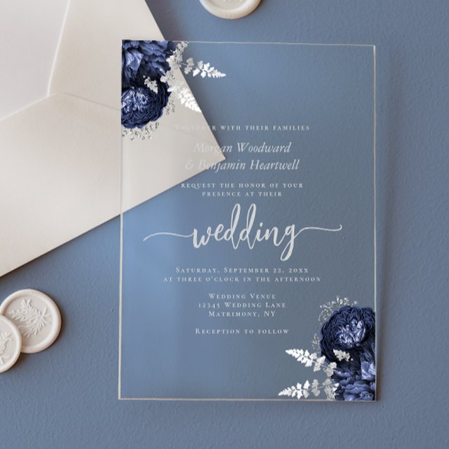 Elegant Navy Blue Silver Floral Wedding Acrylic Invitations (Creator Uploaded)