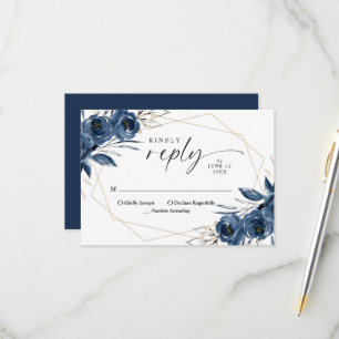 Elegant Navy Blue & Silver Floral Wedding RSVP Card