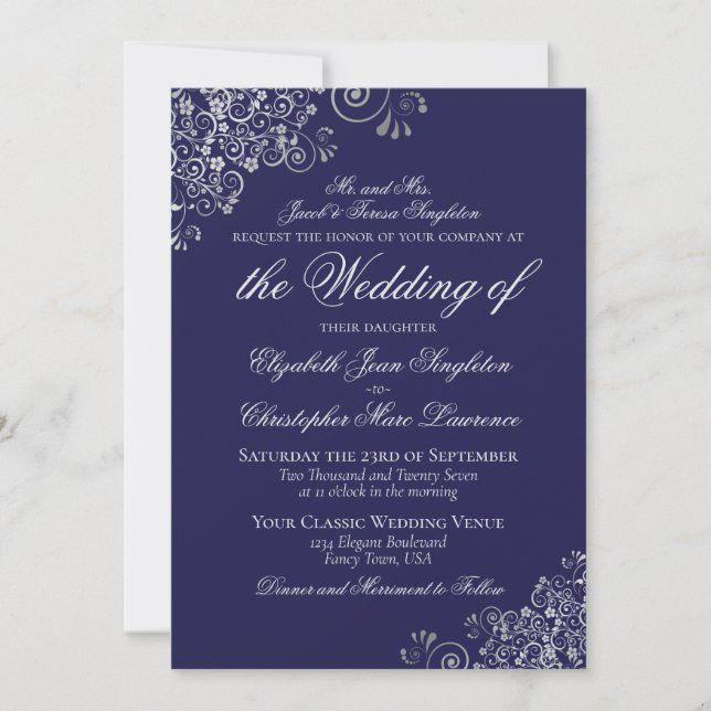 Elegant Navy Blue & Silver Formal Wedding Invitation (Front)