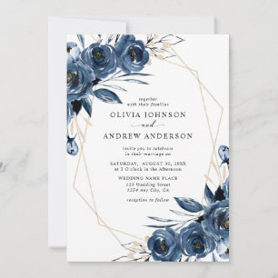 Elegant Navy Blue Silver Geometric Floral Wedding Invitation