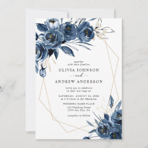 Elegant Navy Blue Silver Geometric Floral Wedding Invitation