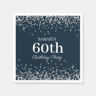 Elegant Navy Blue Silver Glitter 60th Birthday Napkin