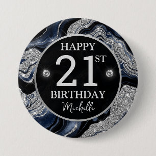 Elegant Navy Blue & Silver Glitter Agate Birthday 7.5 Cm Round Badge