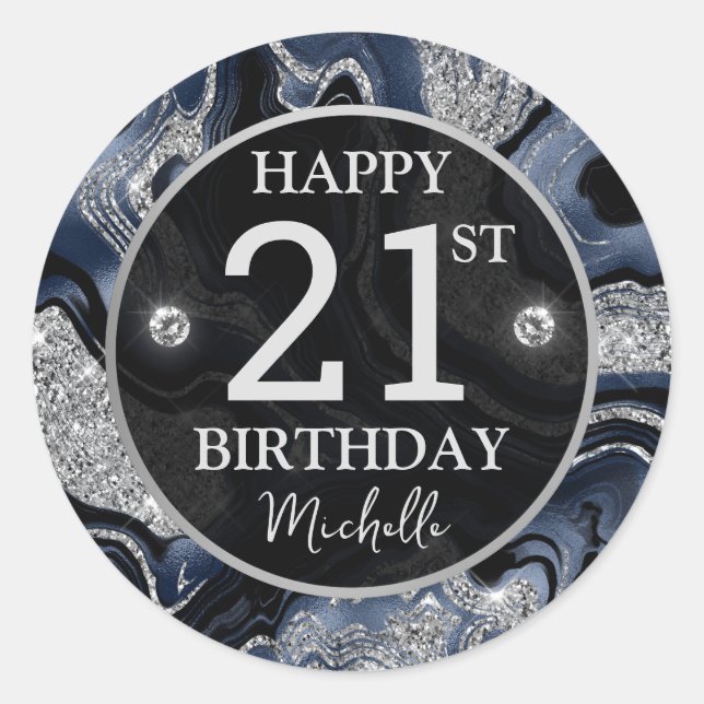 Elegant Navy Blue & Silver Glitter Agate Birthday Classic Round Sticker (Front)