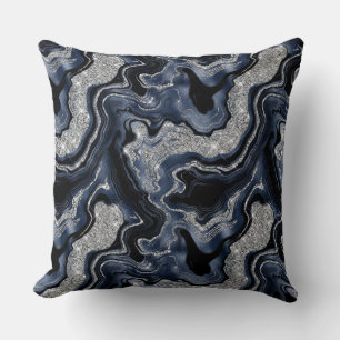 Elegant Navy Blue & Silver Glitter Agate Pattern Cushion