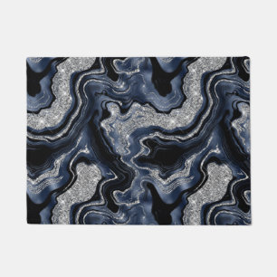 Elegant Navy Blue & Silver Glitter Agate Pattern Doormat