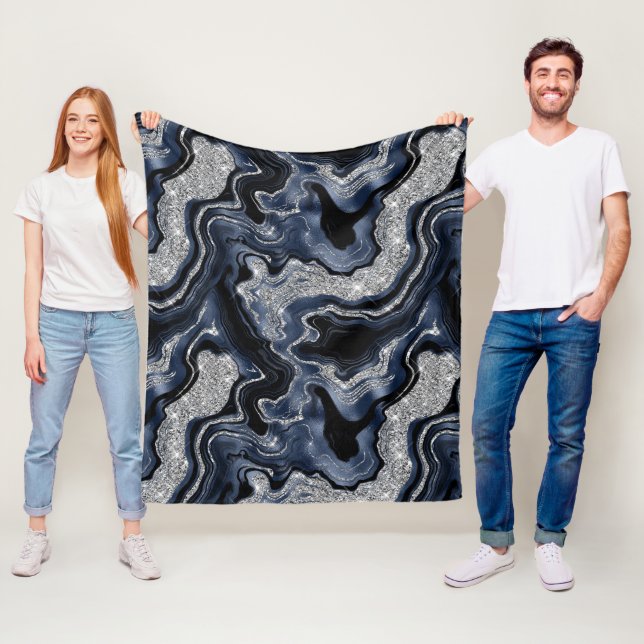 Elegant Navy Blue & Silver Glitter Agate Pattern Fleece Blanket (In Situ)