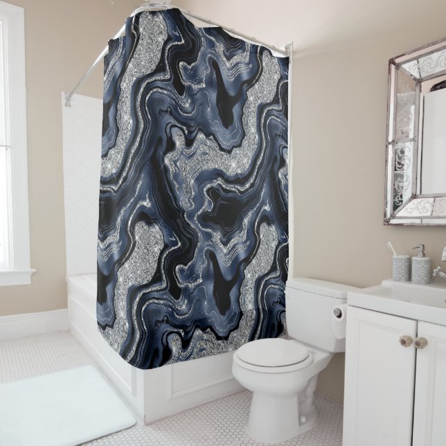 Elegant Navy Blue & Silver Glitter Agate Pattern Shower Curtain (In Situ)