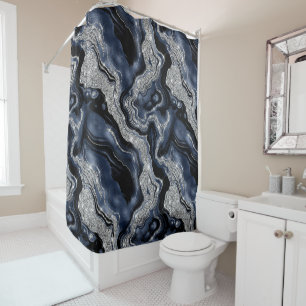 Elegant Navy Blue & Silver Glitter Agate Pattern Shower Curtain