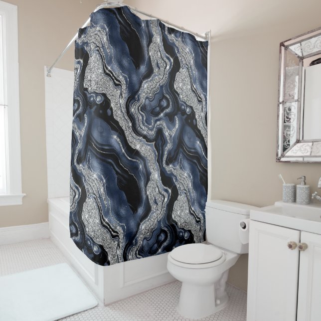 Elegant Navy Blue & Silver Glitter Agate Pattern Shower Curtain (In Situ)