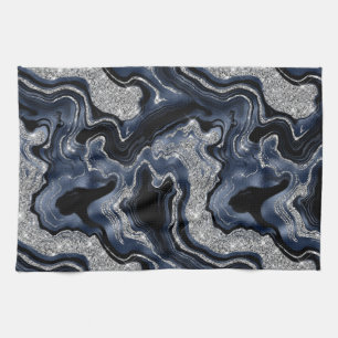 Elegant Navy Blue & Silver Glitter Agate Pattern Tea Towel