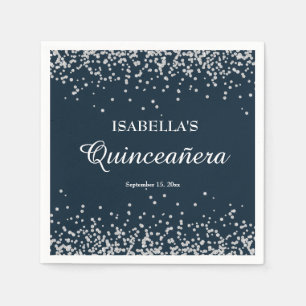 Elegant Navy Blue Silver Glitter Quinceanera Napkin