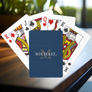 Elegant Navy Blue Silver Monogram Custom Name Playing Cards