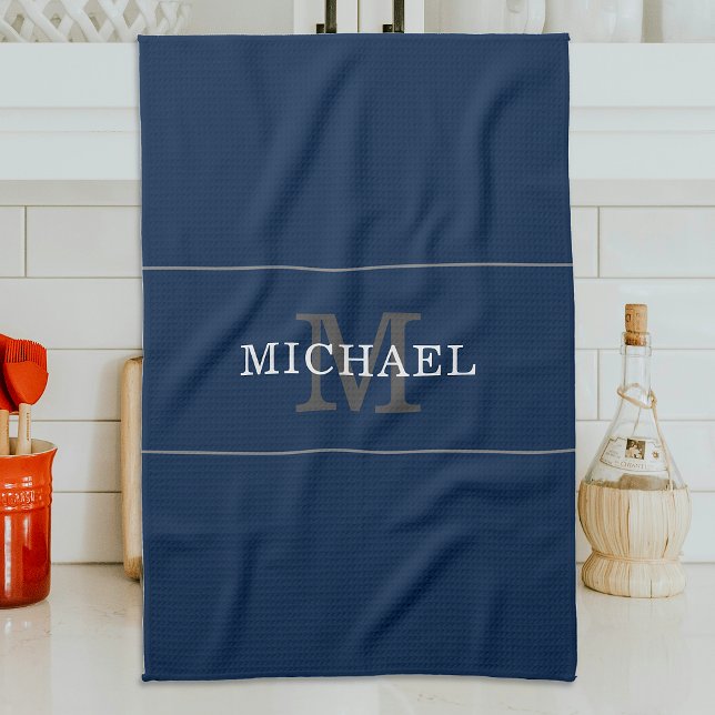 Elegant Navy Blue Silver Monogram Custom Name Tea Towel (Creator Uploaded)