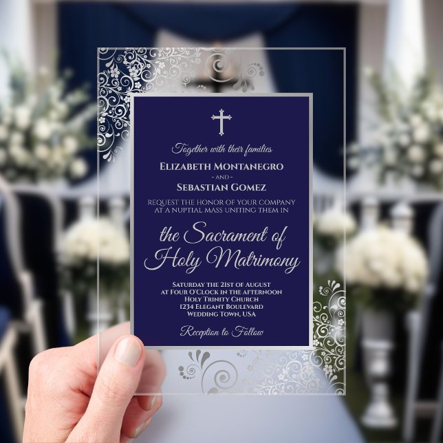Elegant Navy Blue & Silver Ornate Catholic Wedding Acrylic Invitations (Creator Uploaded)