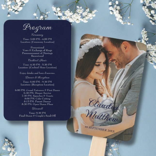 Elegant Navy Blue & Silver Script Wedding Program Hand Fan (Elegant Navy Blue & Silver Script Wedding Program Hand Fan)