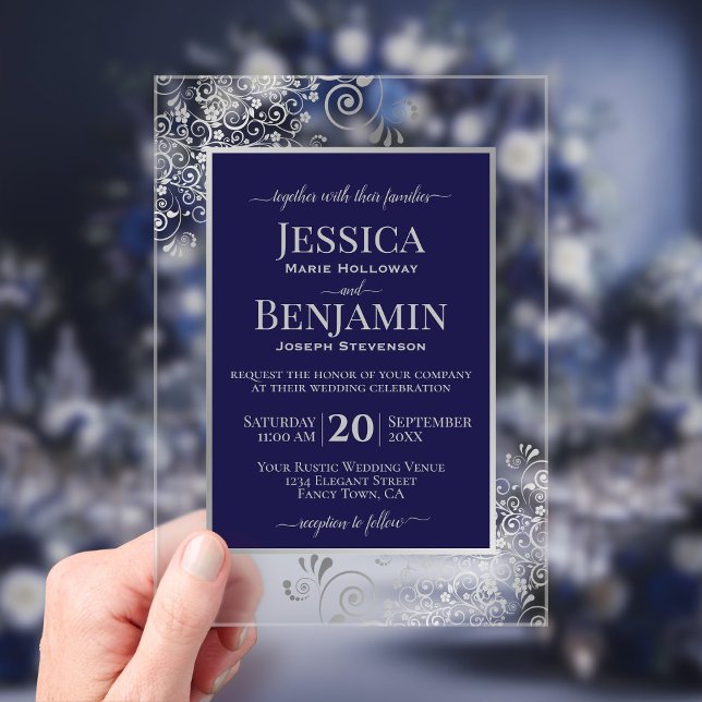 Elegant Navy Blue & Silver Stylish Text Wedding Acrylic Invitations (Clear Acrylic with Rectangle Cut)
