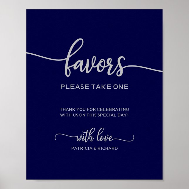 Elegant Navy Blue Silver Wedding Favours Sign (Front)