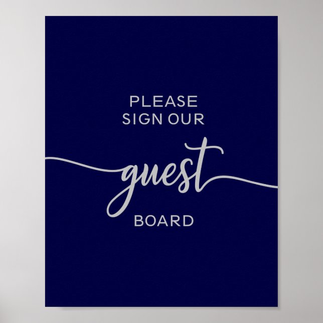 Elegant Navy Blue Silver Wedding Guest Board Sign (Front)