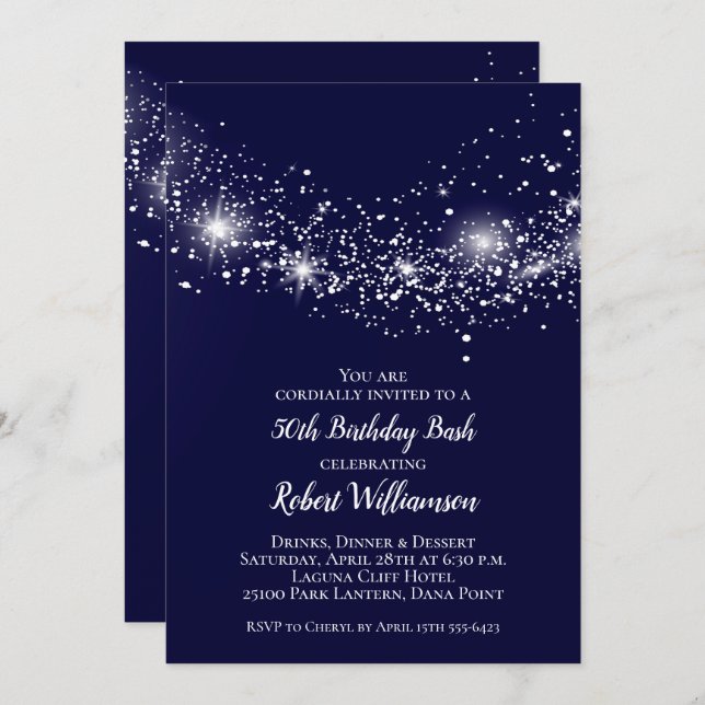 Elegant Navy Blue Sky and Stars Birthday Invitation (Front/Back)